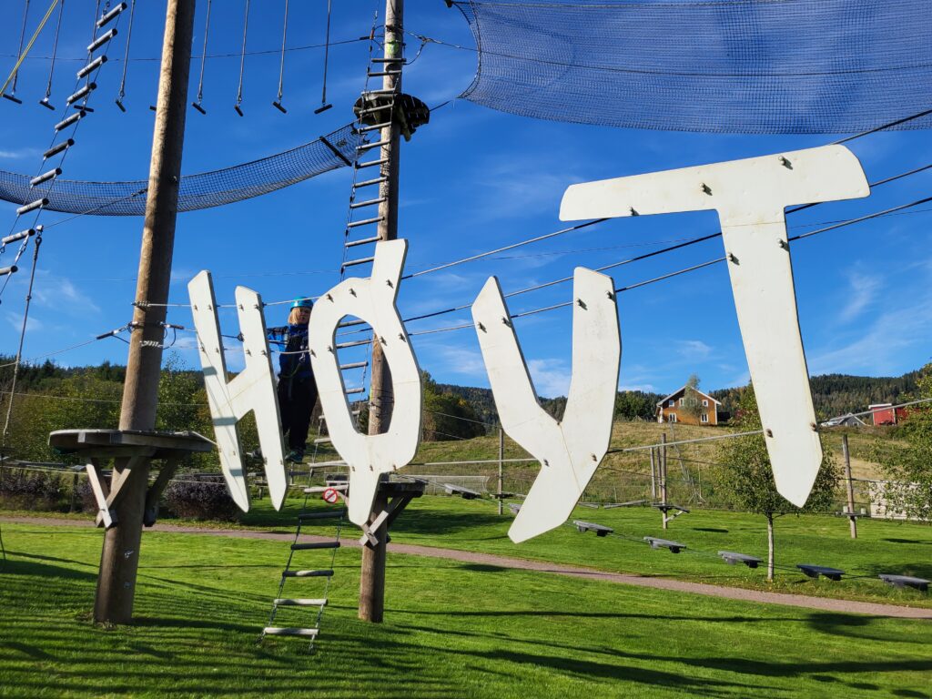 En høy taubane med store hvite bokstaver som staver "HOYT" hengende i luften mot et bakteppe av grønt gress og en klarblå himmel. I bakgrunnen, legemliggjørende av tillit i arbeidslivets ånd, klatrer en person opp i en stige.