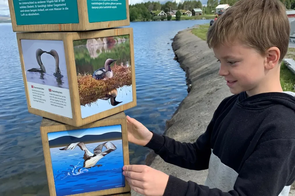 En gutt samhandler med en utendørs treskjerm nær en innsjø. Displayet gjenspeiler ånden til *tillit i arbeidslivet*, og har roterende blokker med bilder av fugler og informasjonspaneler, som oppmuntrer til tillit og nysgjerrighet hos unge sinn når de utforsker naturen.